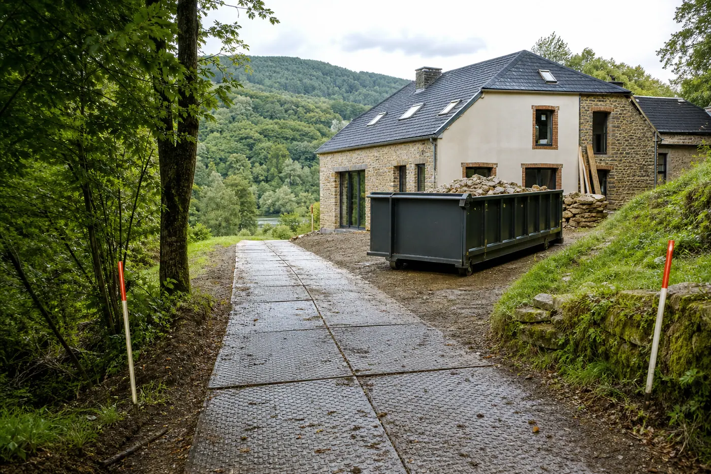 Benne posée près d’une maison dans les Ardennes, avec un chemin protégé par des plaques