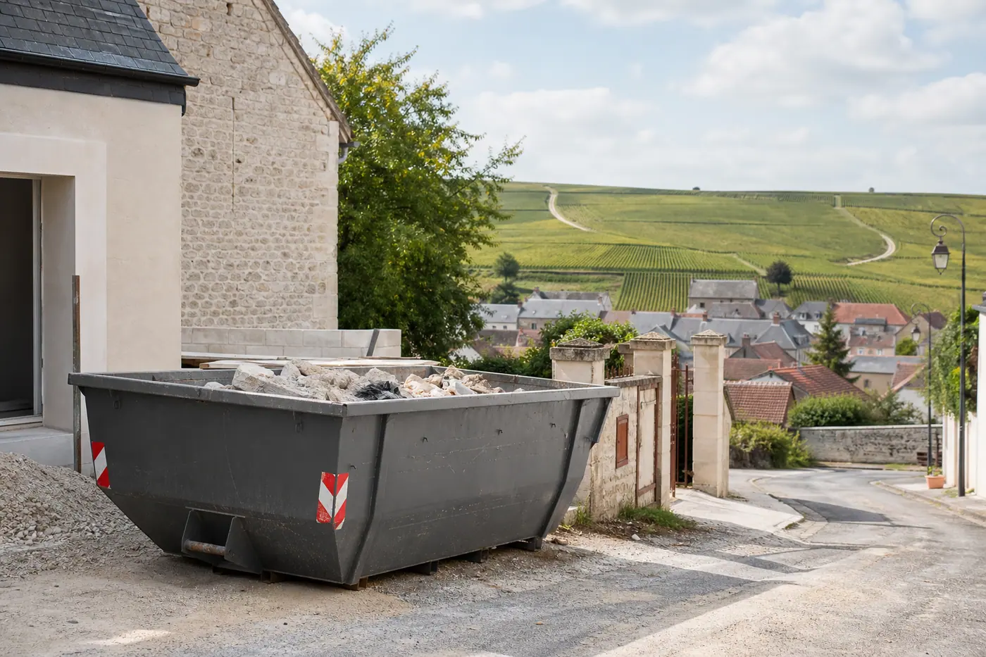 Benne de chantier dans un village de Champagne avec des coteaux en arrière-plan