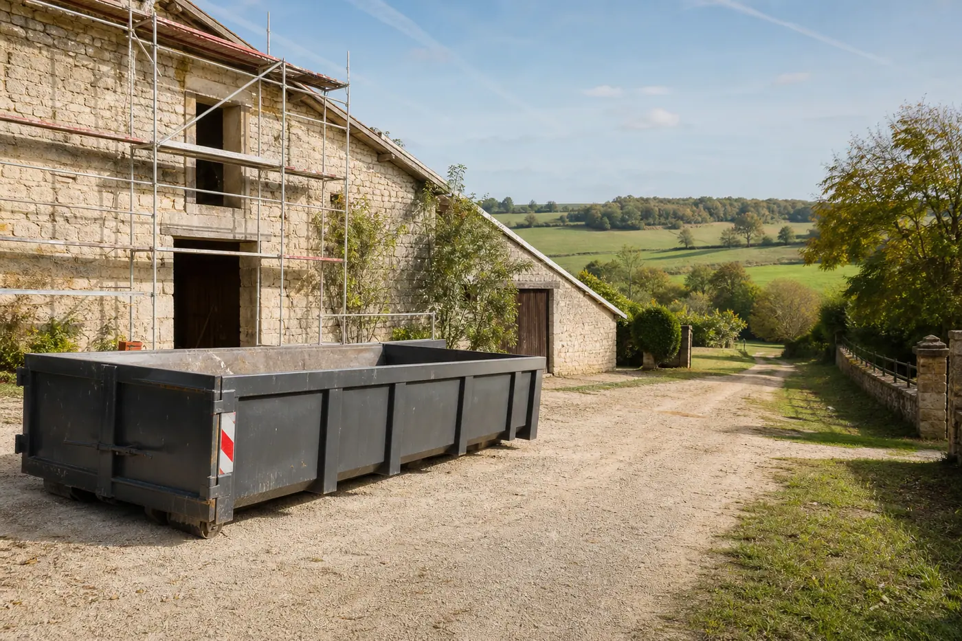 Benne devant une maison en pierre en rénovation dans un village de Haute-Marne