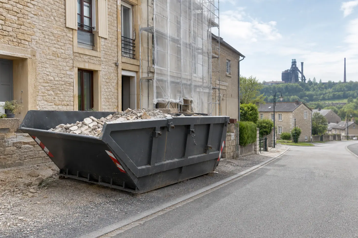 Benne de gravats devant une rénovation en Moselle